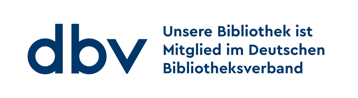 Mitgliedsplakette des Deuschen Bibliotheksverbandes. In blauer Schrift auf weißem Grund: Unsere Bibliothek ist Mitglied im Deutschen Bibliotheksverband