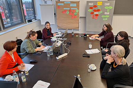 Projektgruppe aus 6 Personen an Konferenztisch, im Hintergrund Stellwände mit Post Its