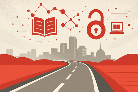 Verschiedene Piktogramme über der Grafik einer Straße, die auf eine Stadt zuläuft.