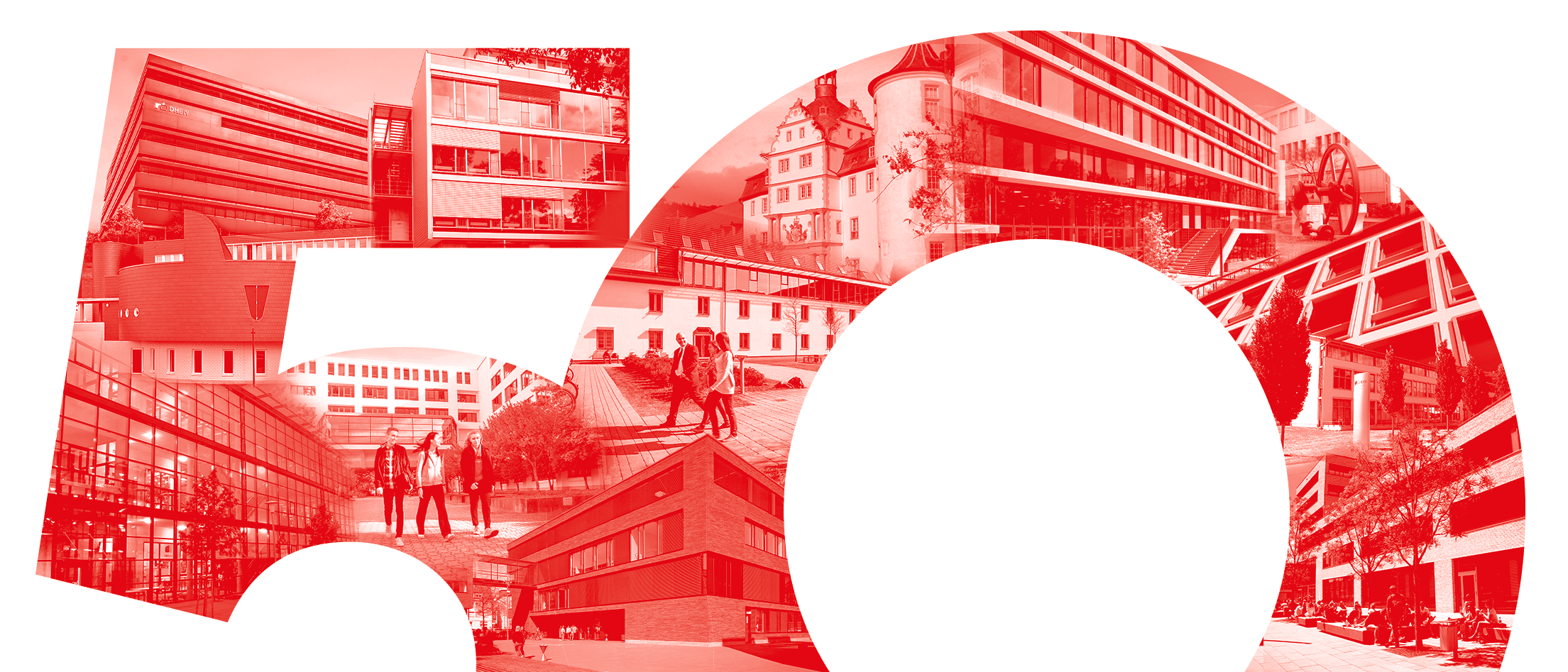 Collage in Form einer roten 50 aus Bildern der Standort-Gebäude