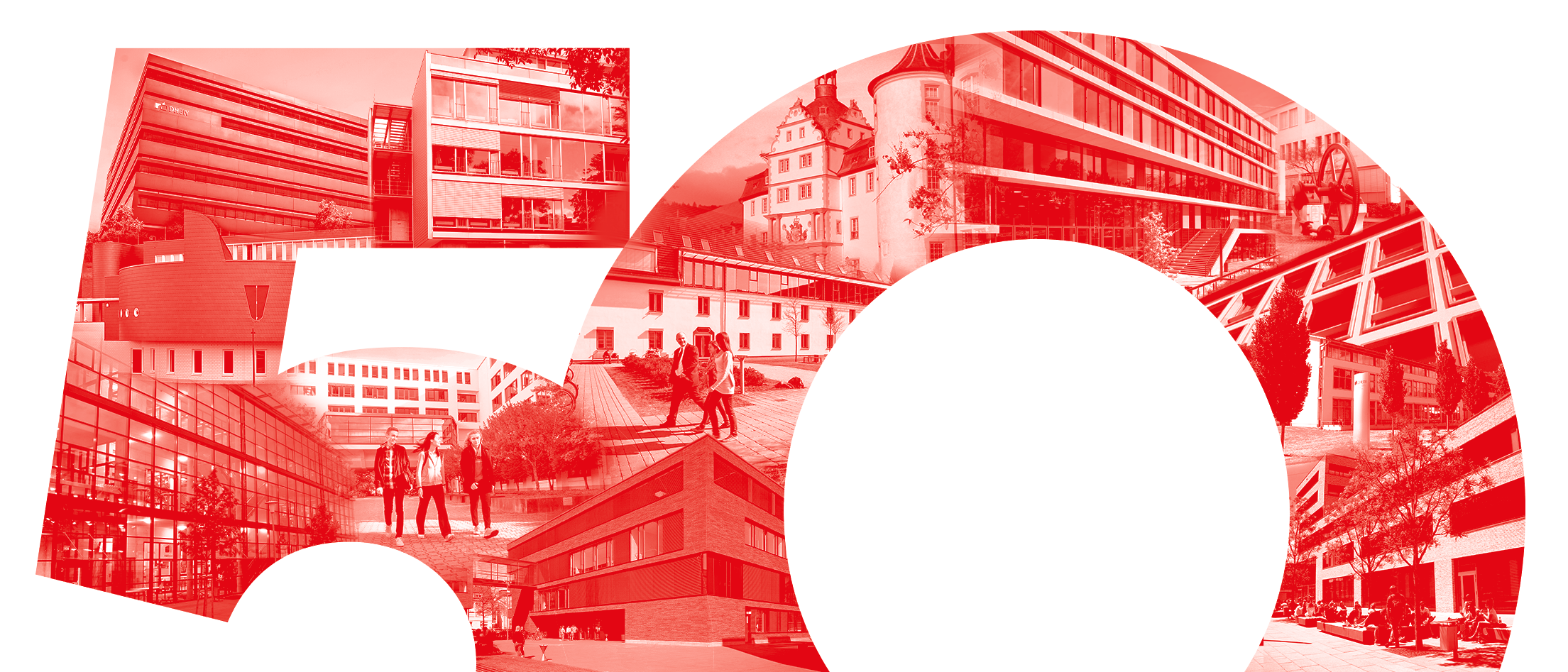 Eine Collage aus Bildern der Standortgebäude, die eine rote 50 bildet