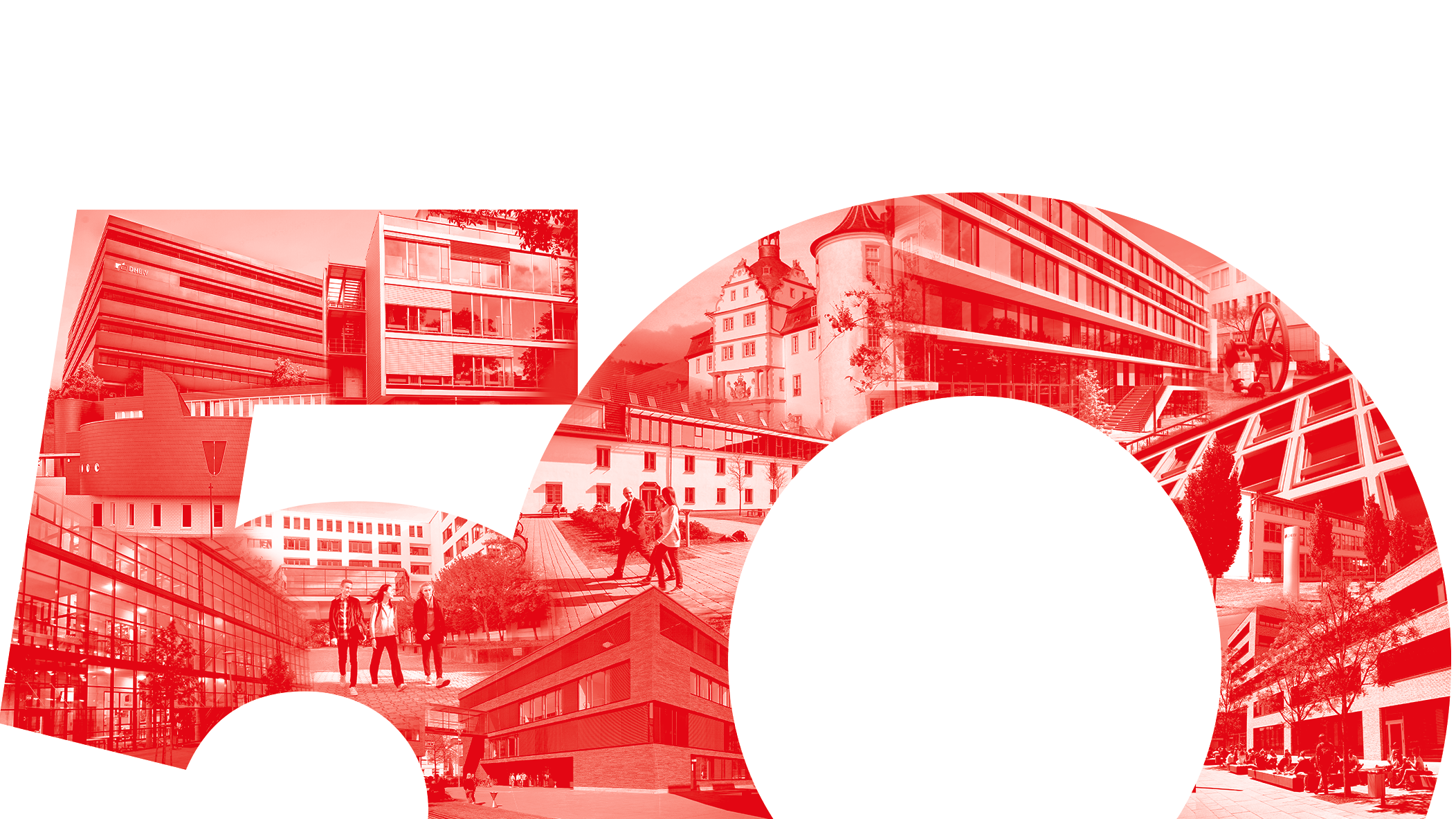Eine Collage aus Bildern der Standortgebäude, die eine rote 50 bildet