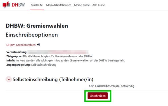 Grafik zeigt die Möglichkeit zur Selbsteinschreibung in einen Moodle Kurs an